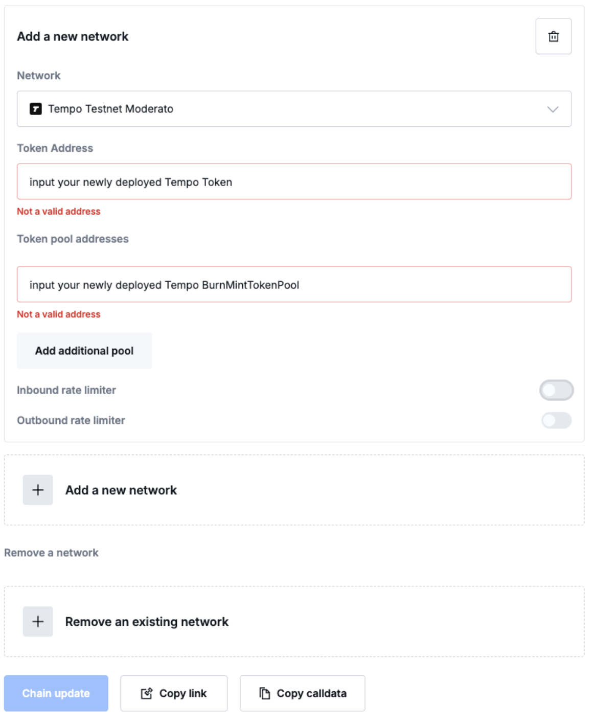 Add remote chain with token and pool addresses